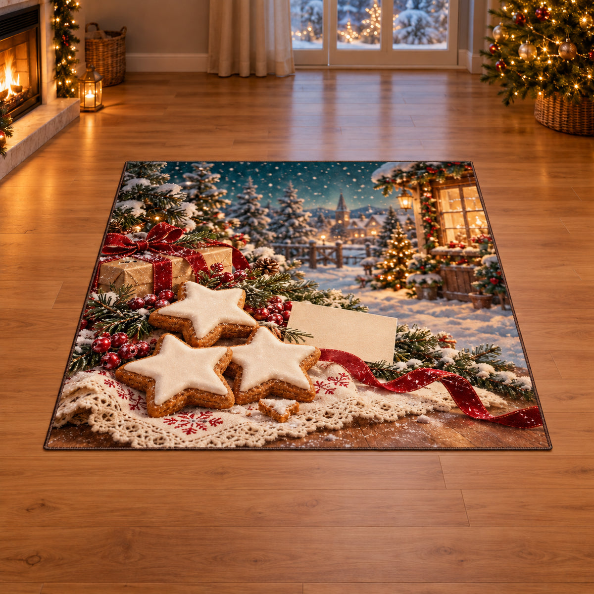 Christmas Cinnamon Star Family Baking Area Rug flat printed mat in matching Christmas setting
