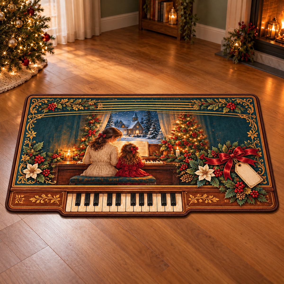 Christmas Clavichord Family Melody Custom Shape Area Rug flat printed mat in matching Christmas setting
