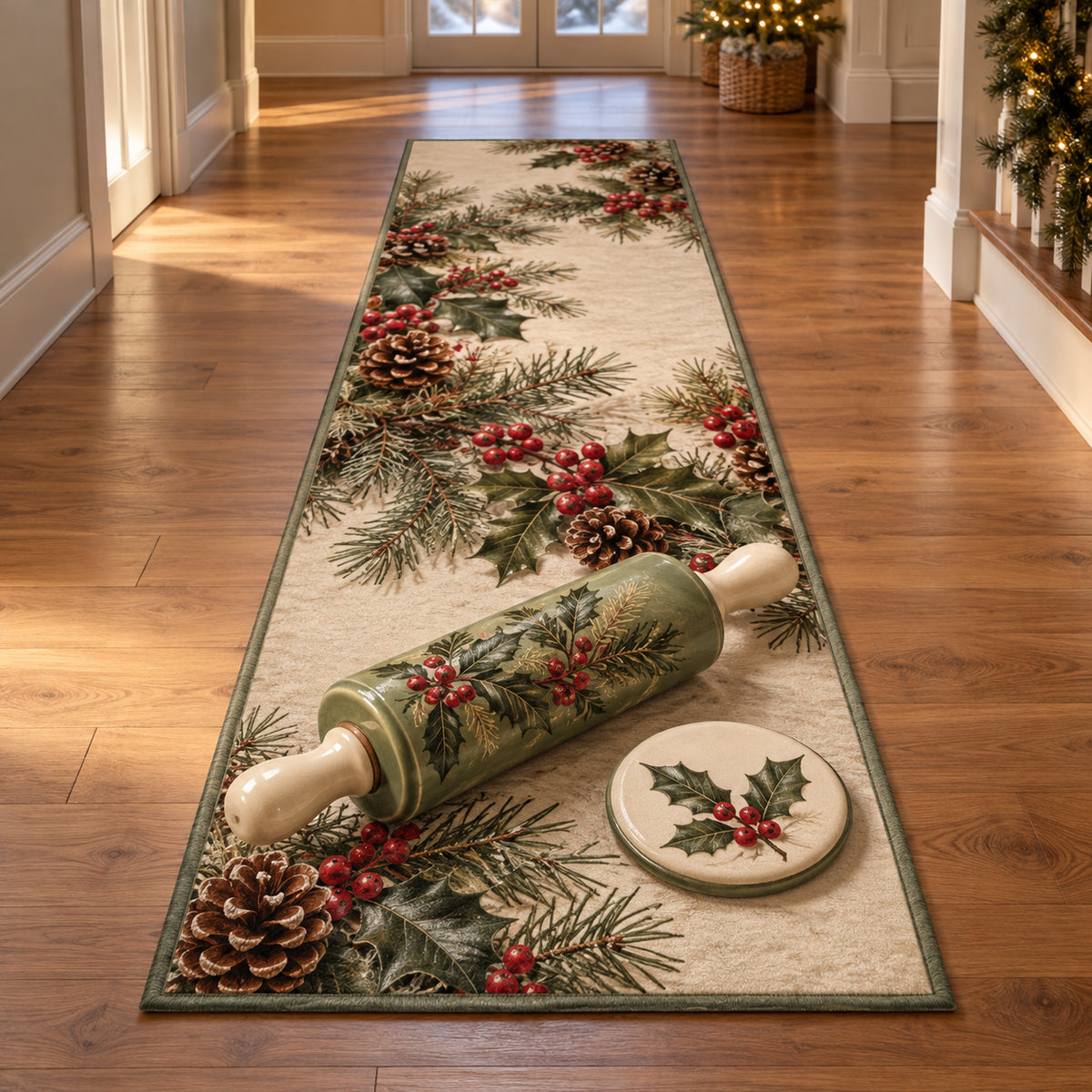 Christmas Clay Roller Family Craft Runner Rug flat printed mat in matching Christmas setting