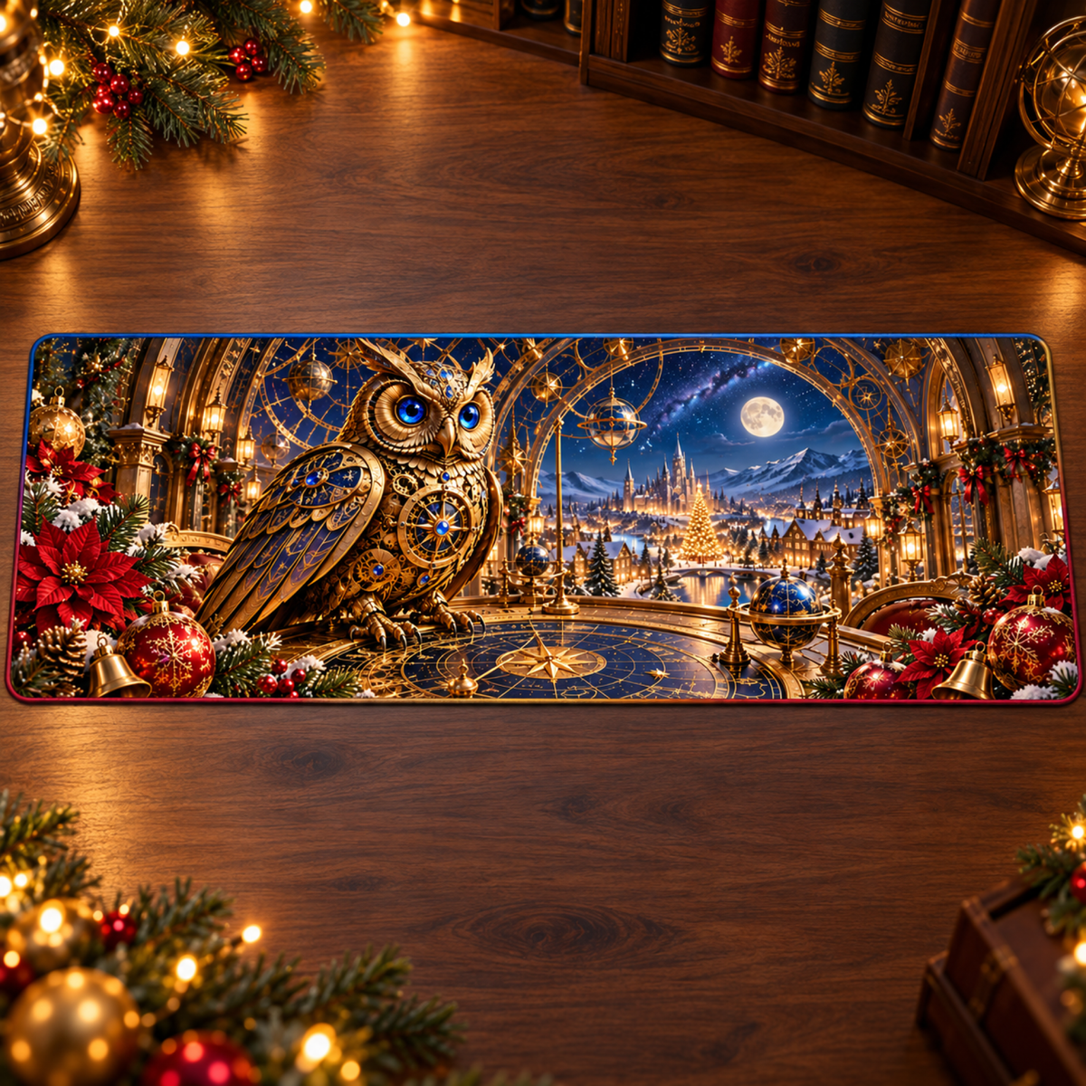 Brass clockwork owl and snowy Christmas observatory printed on a thin flat desk mat, shown in a coordinated study on a square product image