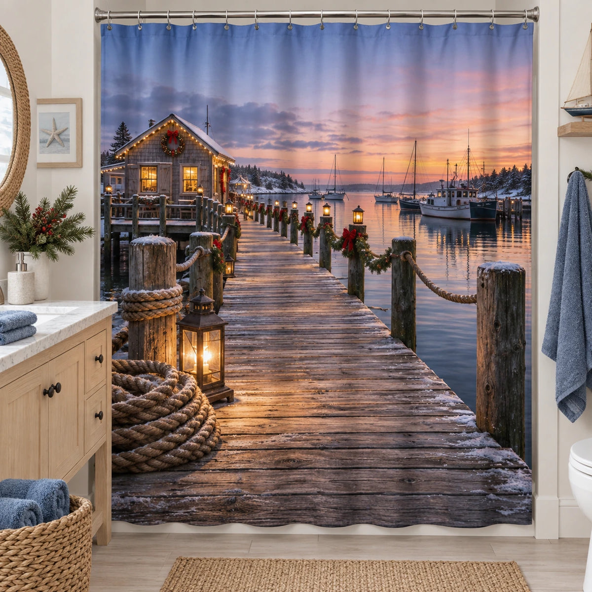 Christmas Coastal Pier Shower Curtain with layered printed depth and niche-specific Christmas background