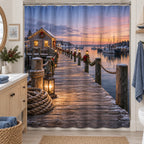 Christmas Coastal Pier Shower Curtain with layered printed depth and niche-specific Christmas background
