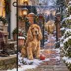 Christmas Cocker Spaniel Garden Gate Garden Flag with layered printed depth and niche-specific Christmas background