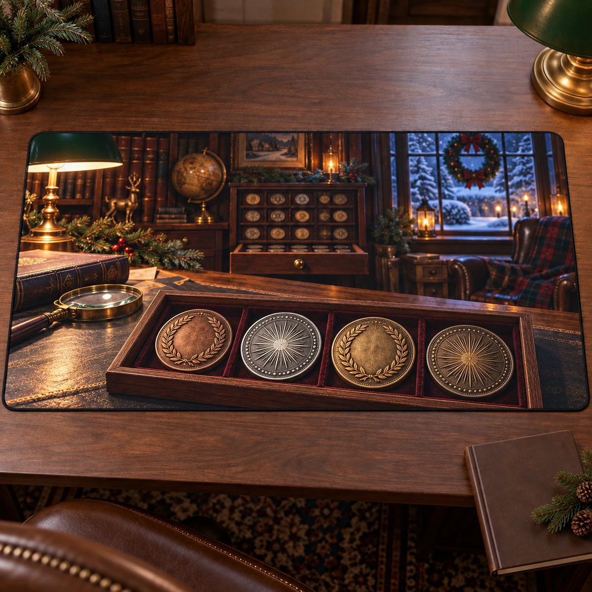 Christmas Coin Collector Desk Mat with layered printed depth and niche-specific Christmas background