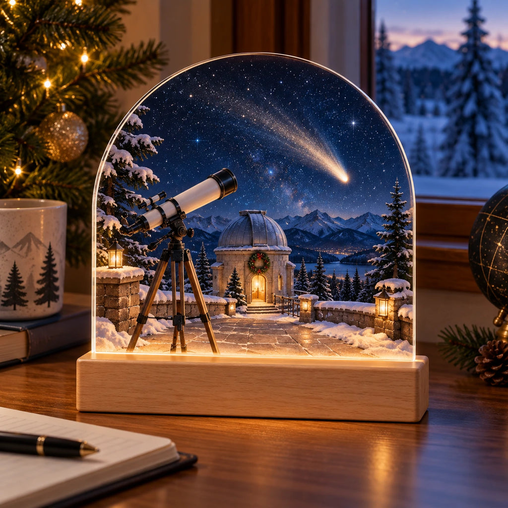 Christmas Comet Acrylic Night Light with layered printed depth and niche-specific Christmas background