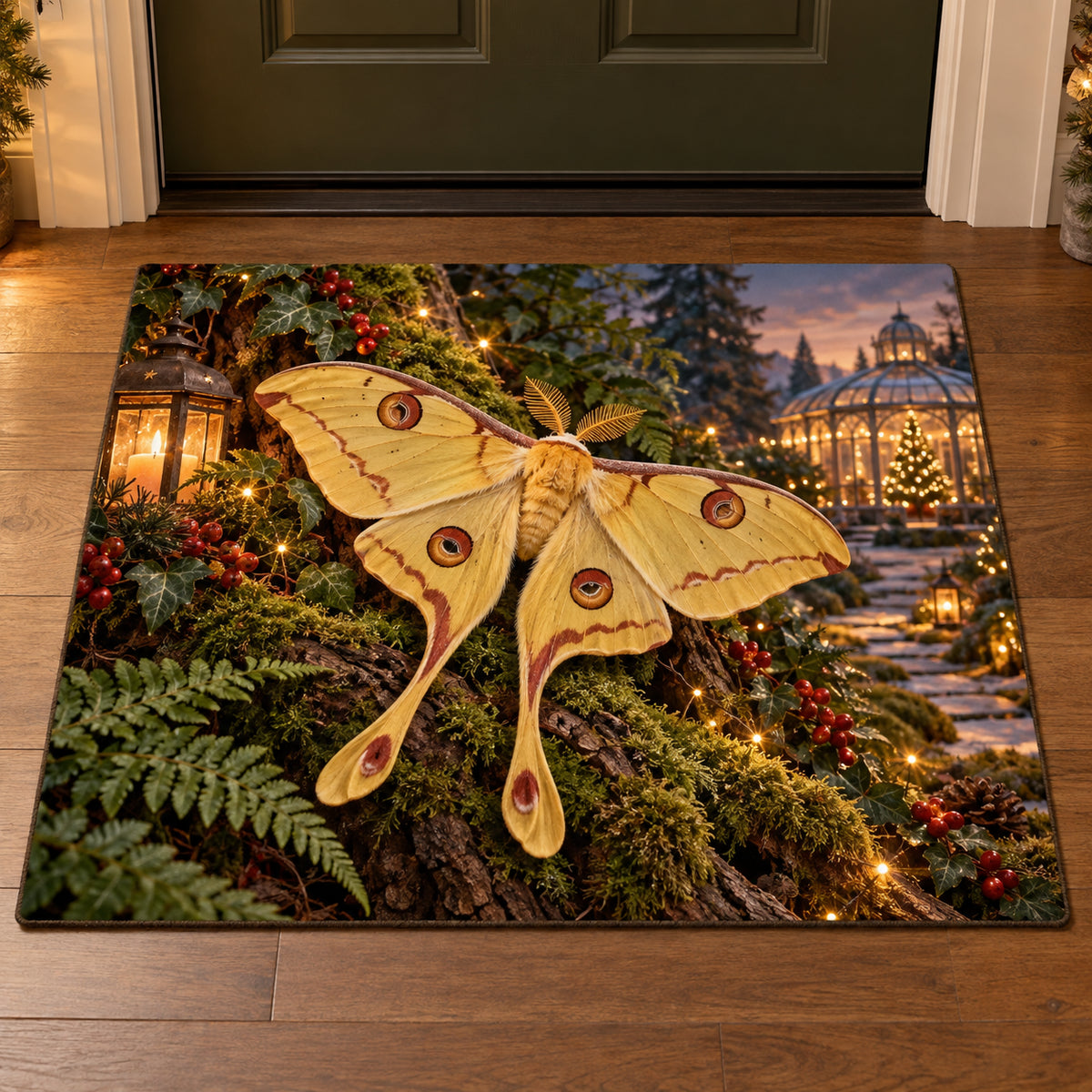 Christmas Comet Moth Leaf Refuge Doormat flat printed mat in matching Christmas setting