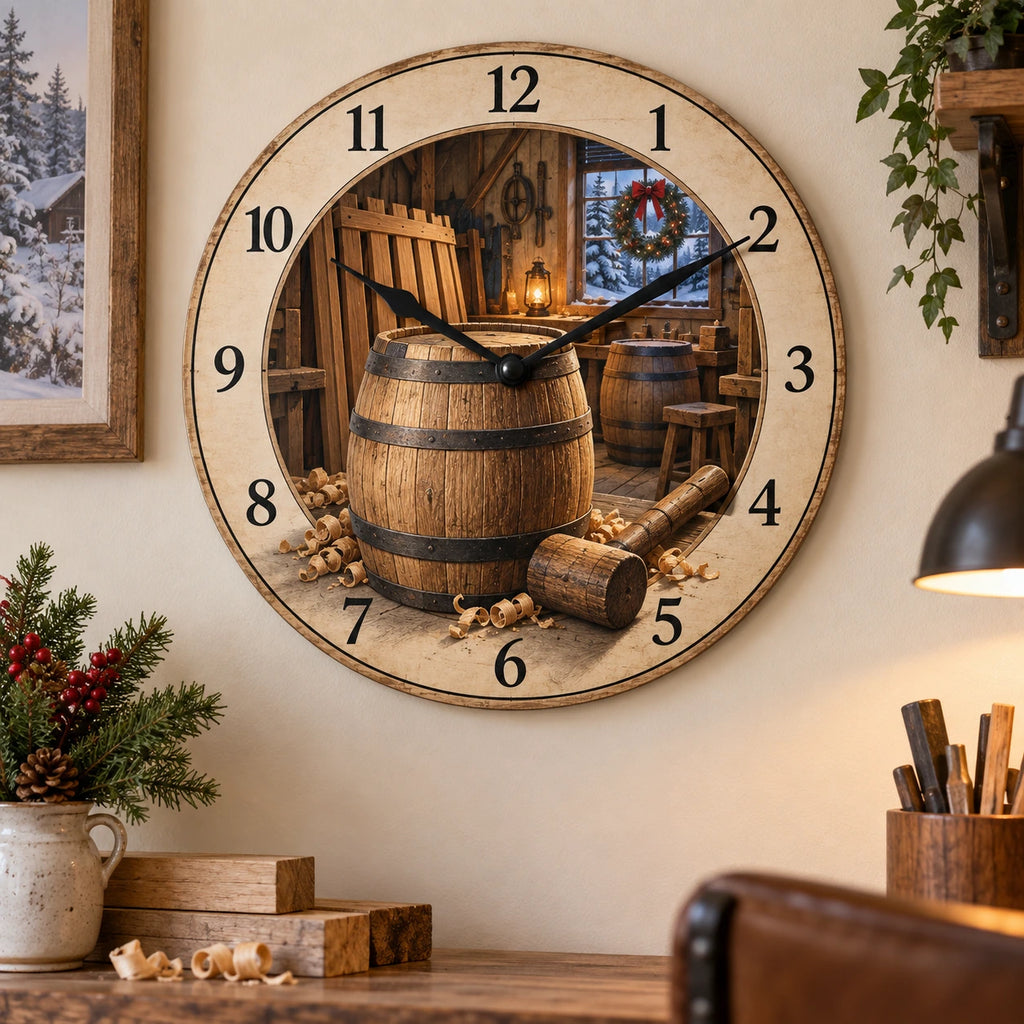 Christmas Cooper Wooden Wall Clock with layered printed depth and niche-specific Christmas background