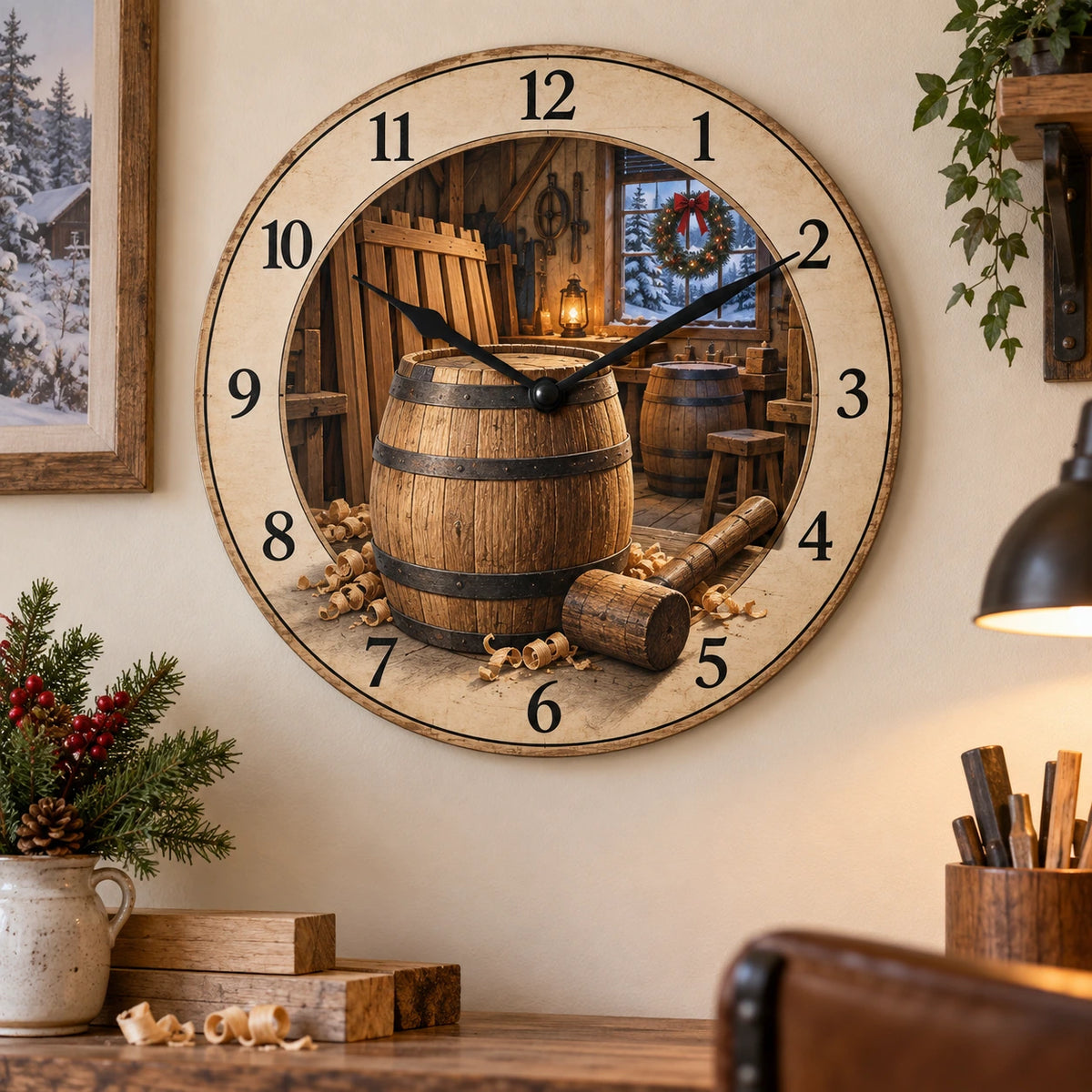 Christmas Cooper Wooden Wall Clock with layered printed depth and niche-specific Christmas background