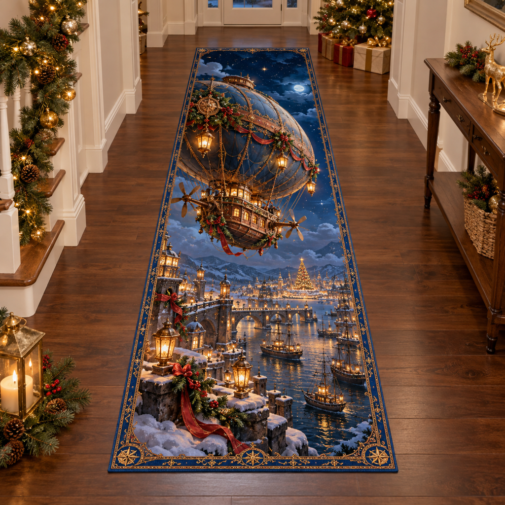Christmas Copper Airship Snow Harbor Runner Rug flat printed mat in a matching Christmas room
