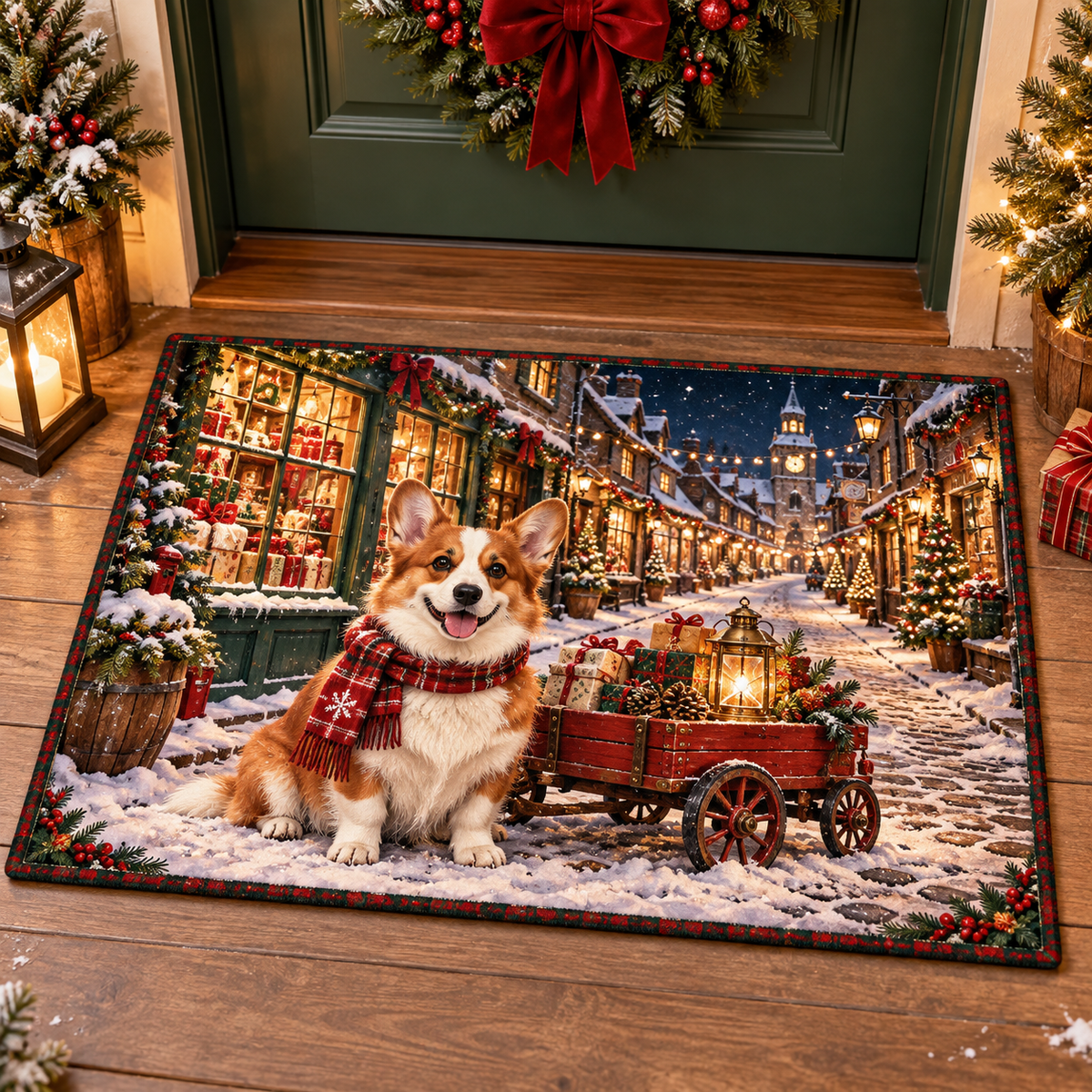 Christmas Corgi Gift Express Doormat flat printed mat in a matching Christmas room