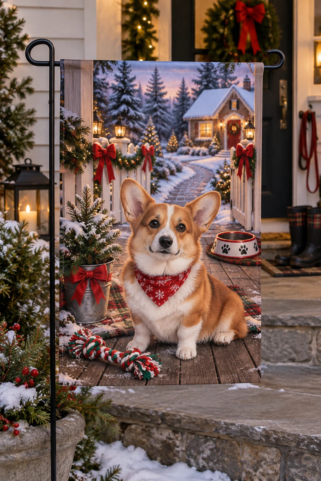 Christmas Corgi Porch Garden Flag with layered printed depth and niche-specific Christmas background