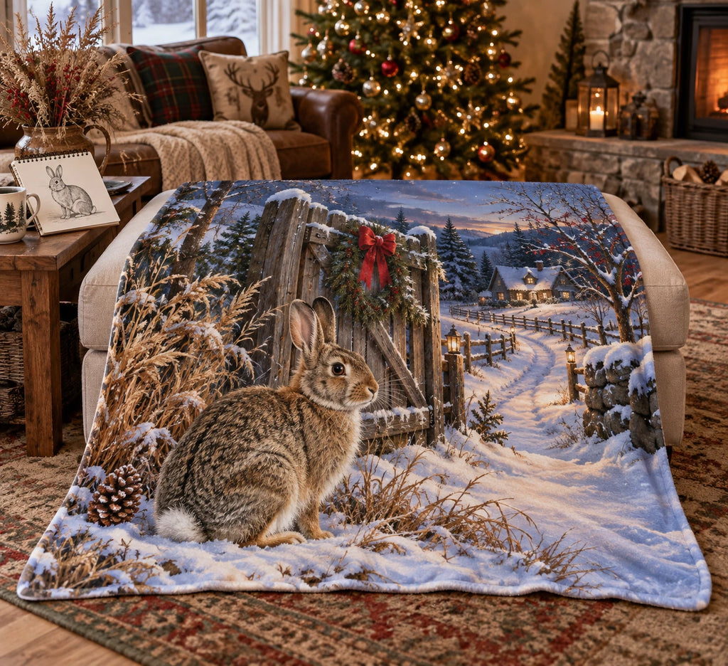 Christmas Cottontail Fleece Throw Blanket with layered printed depth and niche-specific Christmas background