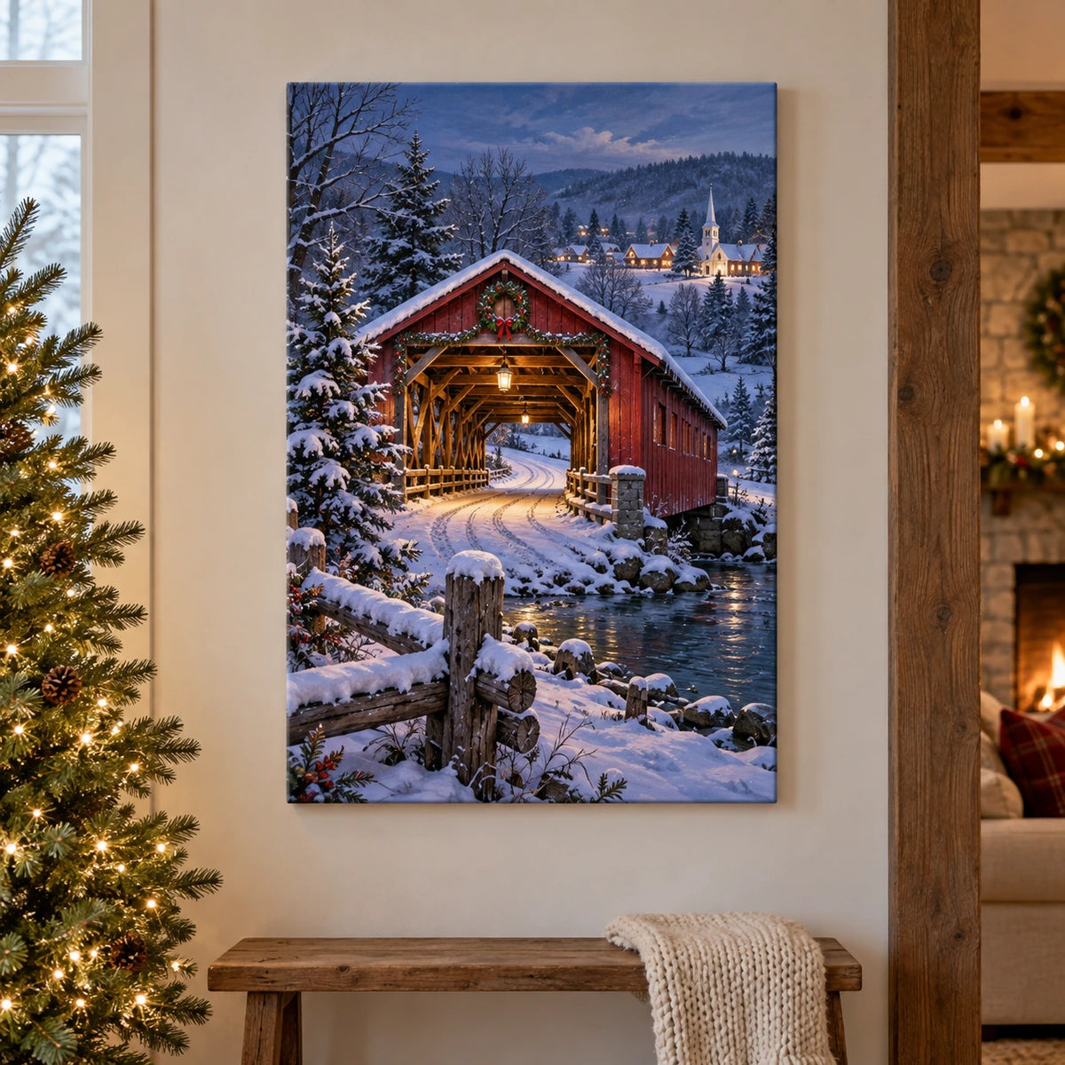 Christmas Covered Bridge Stretched Canvas Wall Art with layered printed depth and niche-specific Christmas background