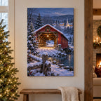 Christmas Covered Bridge Stretched Canvas Wall Art with layered printed depth and niche-specific Christmas background