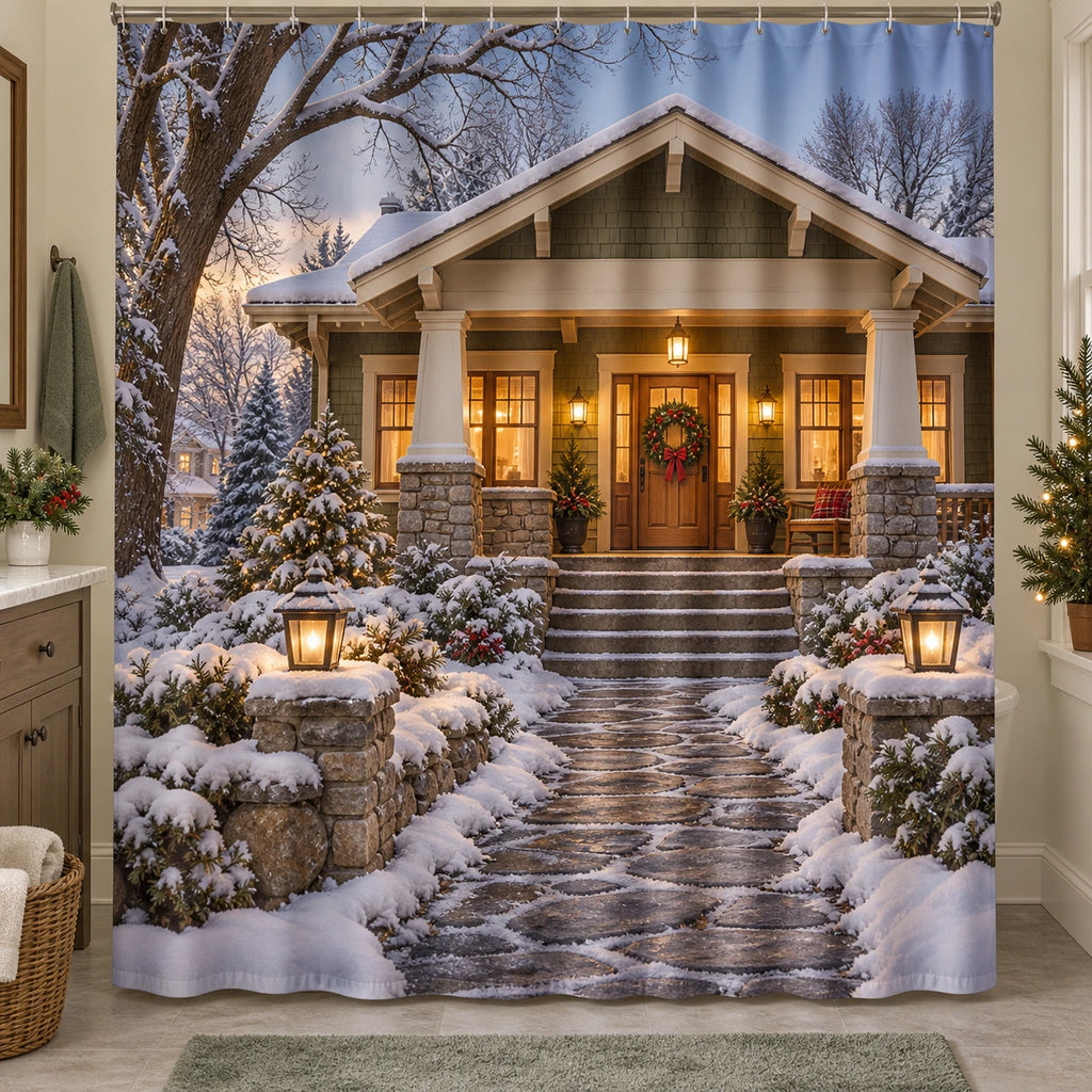 Christmas Craftsman House Shower Curtain with layered printed depth and niche-specific Christmas background