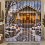 Christmas Craftsman House Shower Curtain with layered printed depth and niche-specific Christmas background