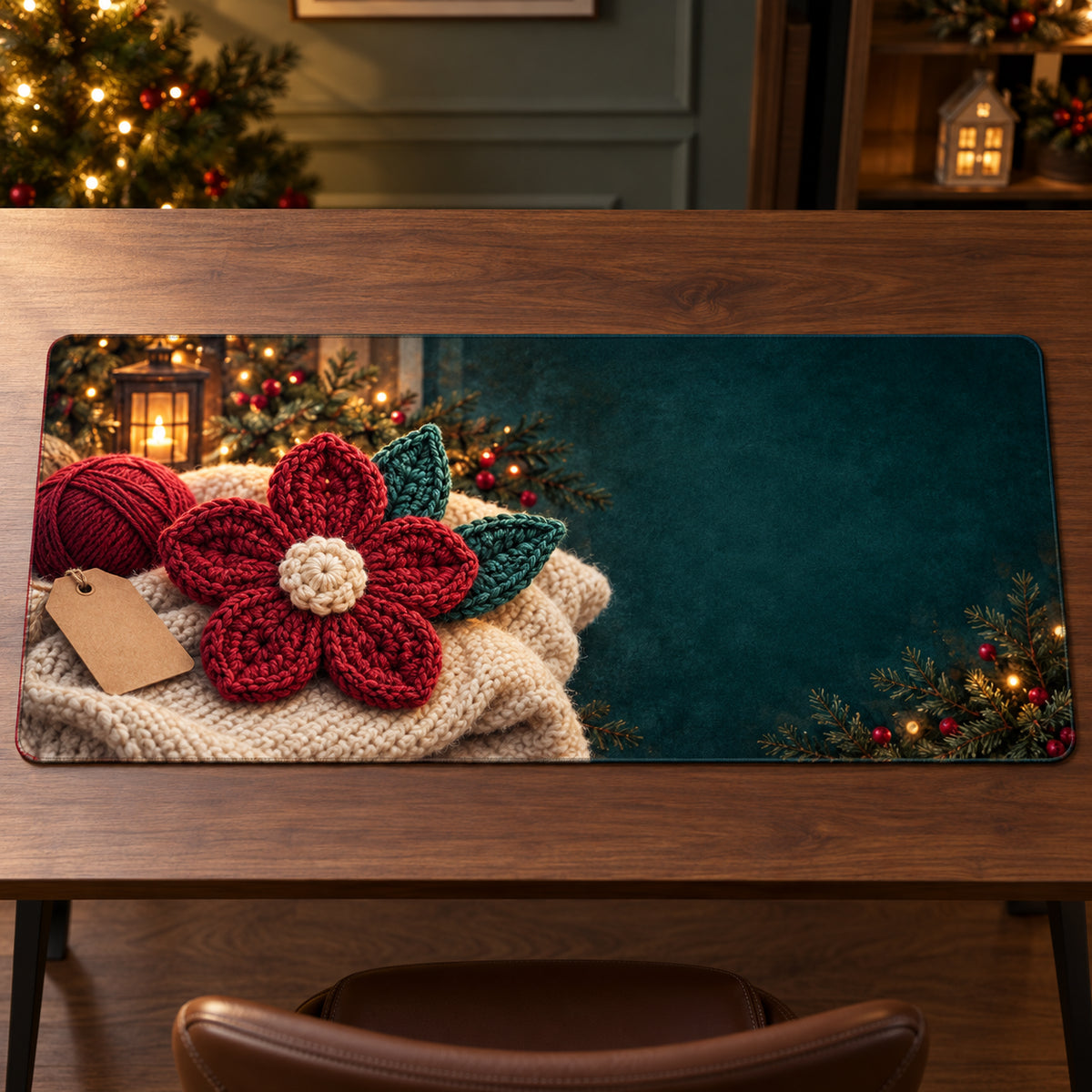 Christmas Crochet Flower Family Care Desk Mat flat printed mat in matching Christmas setting