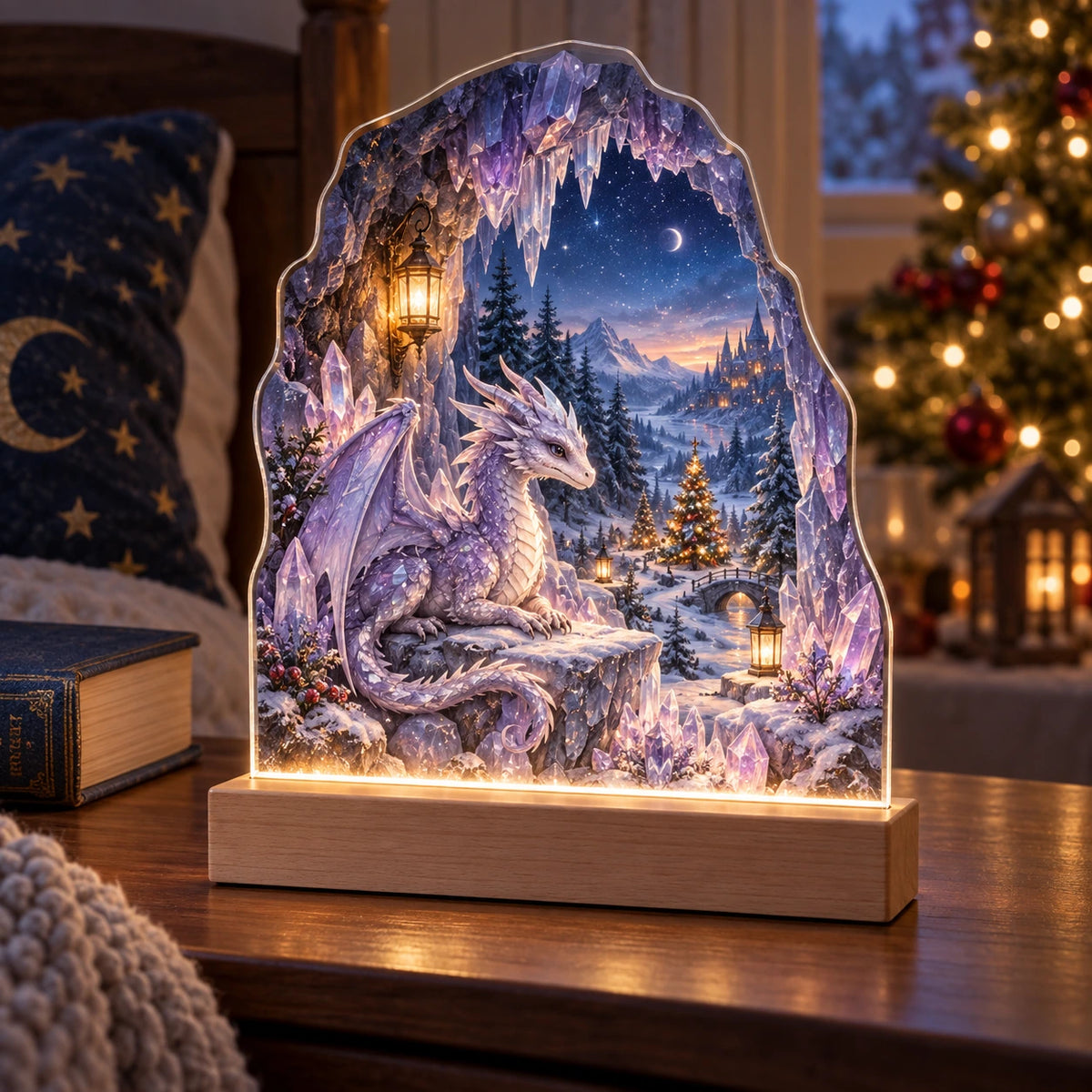 Christmas Crystal Dragon Acrylic Night Light with layered printed depth and niche-specific Christmas background