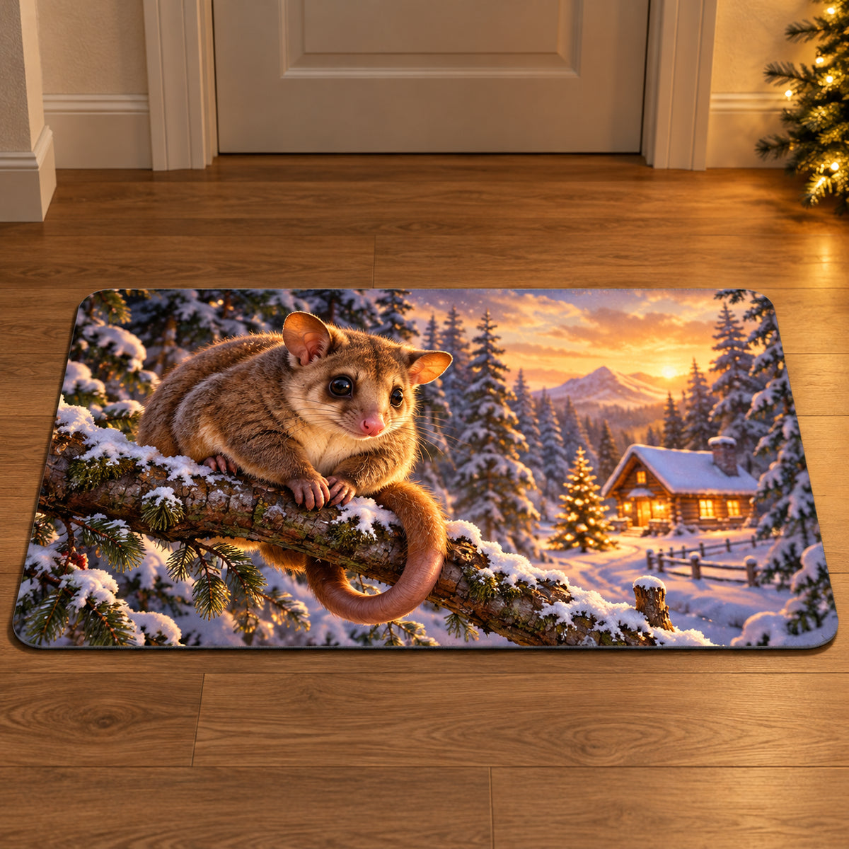 Christmas Cuscus Forest Hearth Doormat flat printed mat in matching Christmas setting