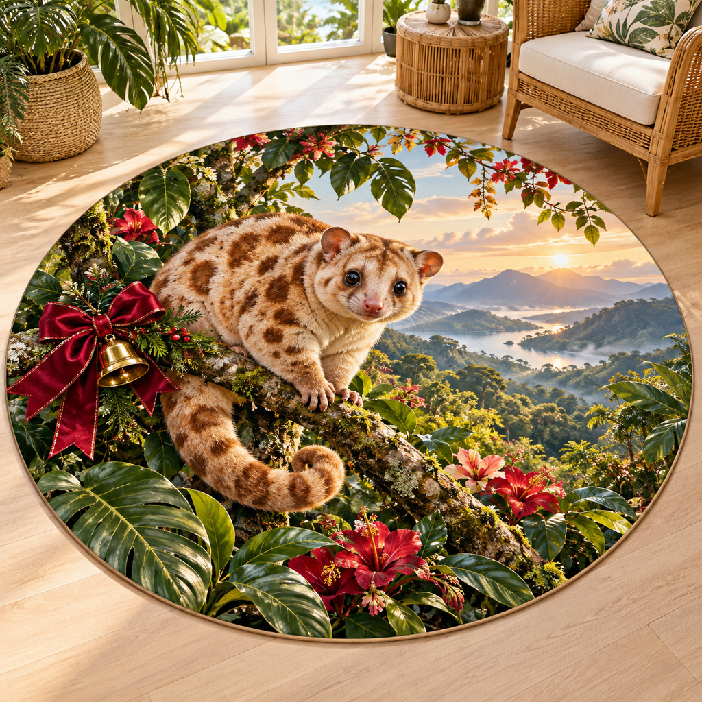 Spotted Cuscus Christmas scene with layered optical depth printed on a flat round mat rug. Objects and dimensional details are printed artwork.