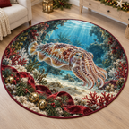 Cuttlefish Christmas artwork and layered coastal scenery printed on a flat round mat rug; festive details and apparent relief are printed.