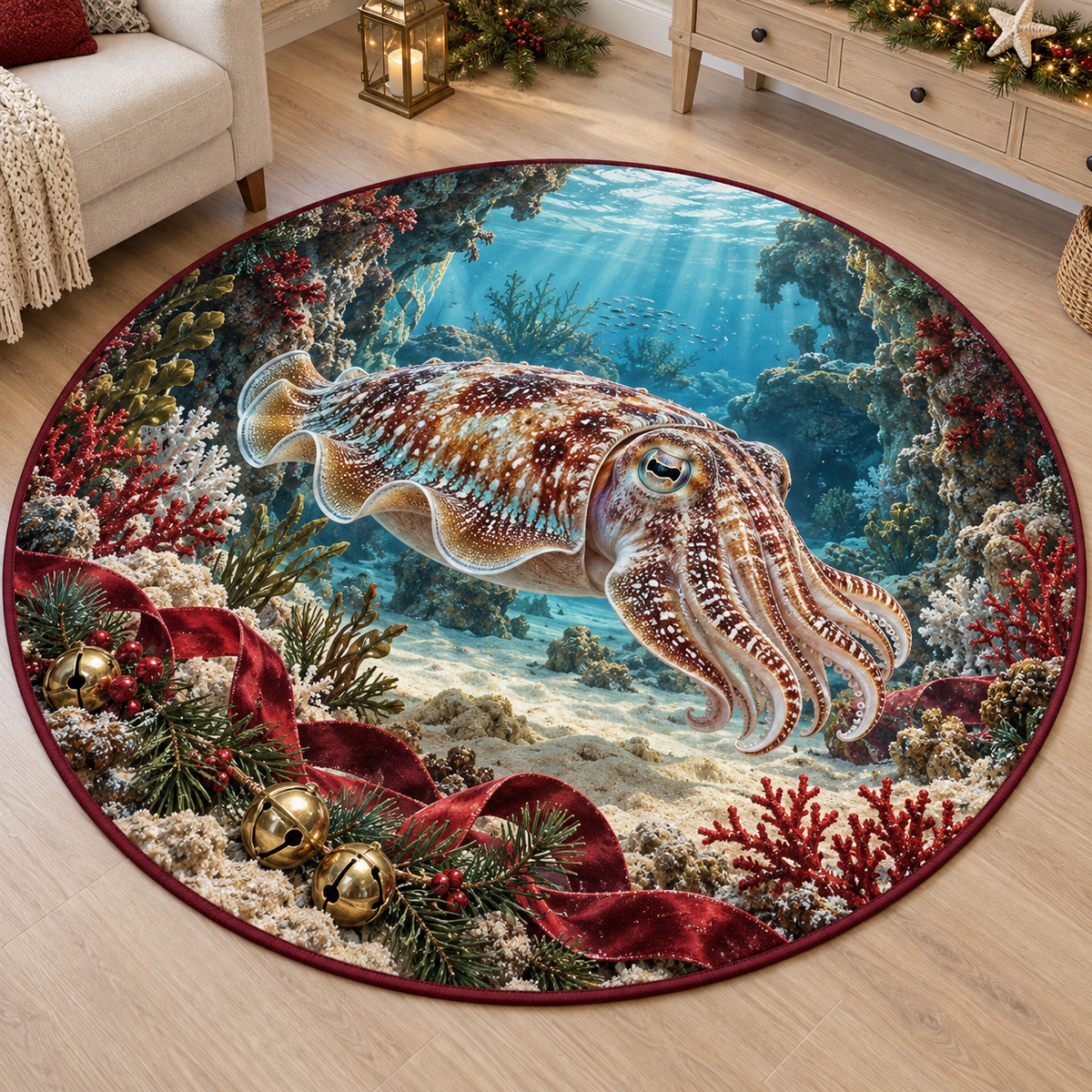 Cuttlefish Christmas artwork and layered coastal scenery printed on a flat round mat rug; festive details and apparent relief are printed.