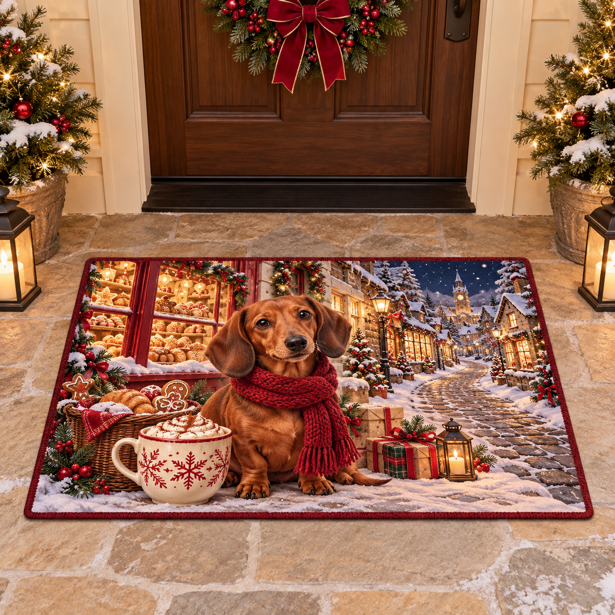Christmas Dachshund Cocoa Bakery Doormat flat printed mat in a matching Christmas room