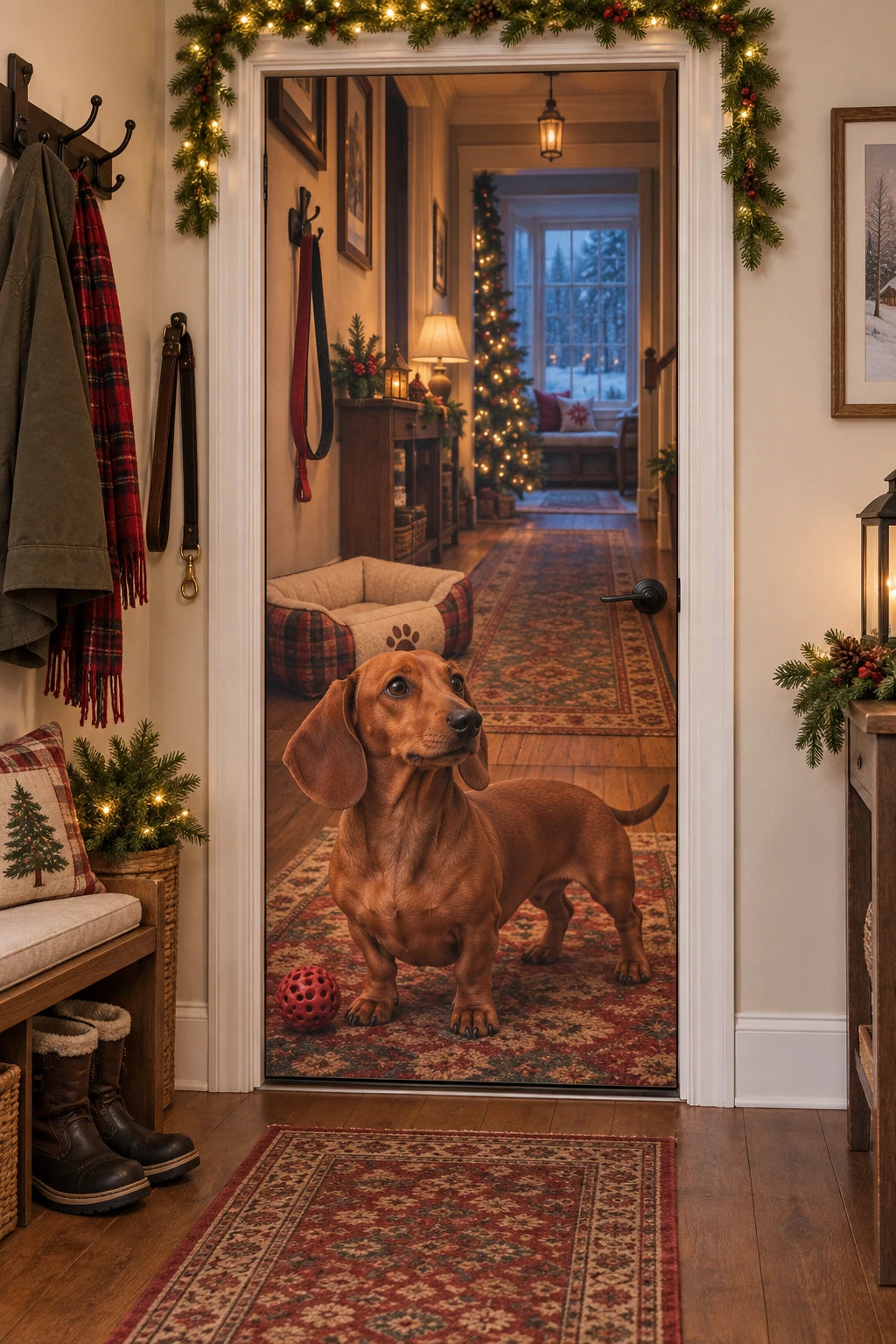 Christmas Dachshund Hall Fabric Door Cover with layered printed depth and niche-specific Christmas background