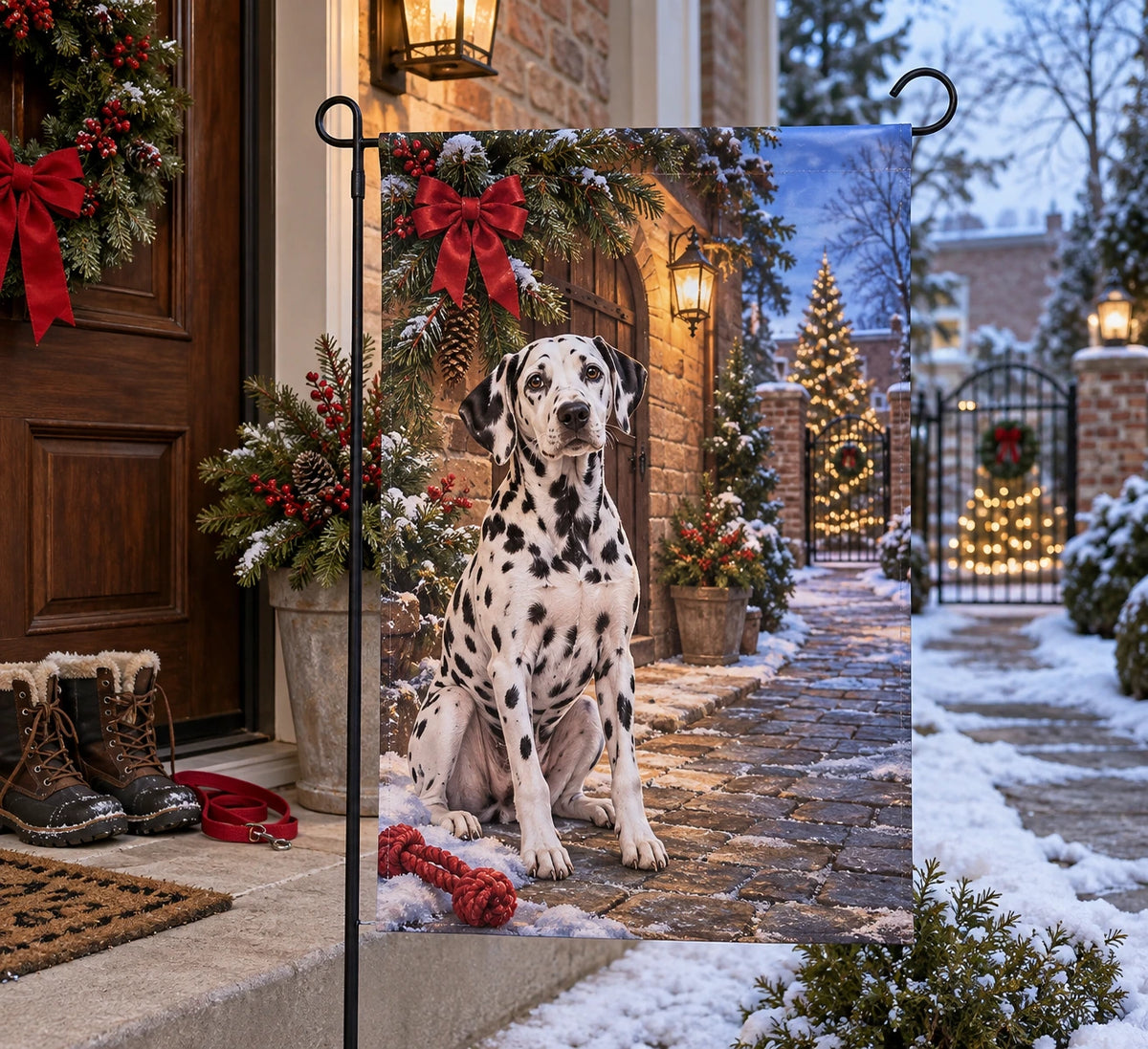 Christmas Dalmatian Carriage House Garden Flag with layered printed depth and niche-specific Christmas background