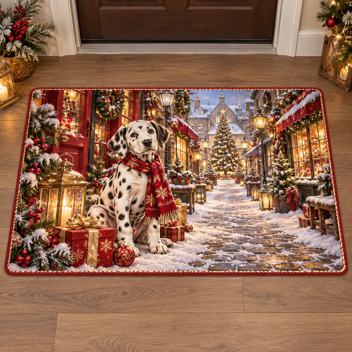Christmas Dalmatian Ruby Giftshop Doormat flat printed mat in matching Christmas setting