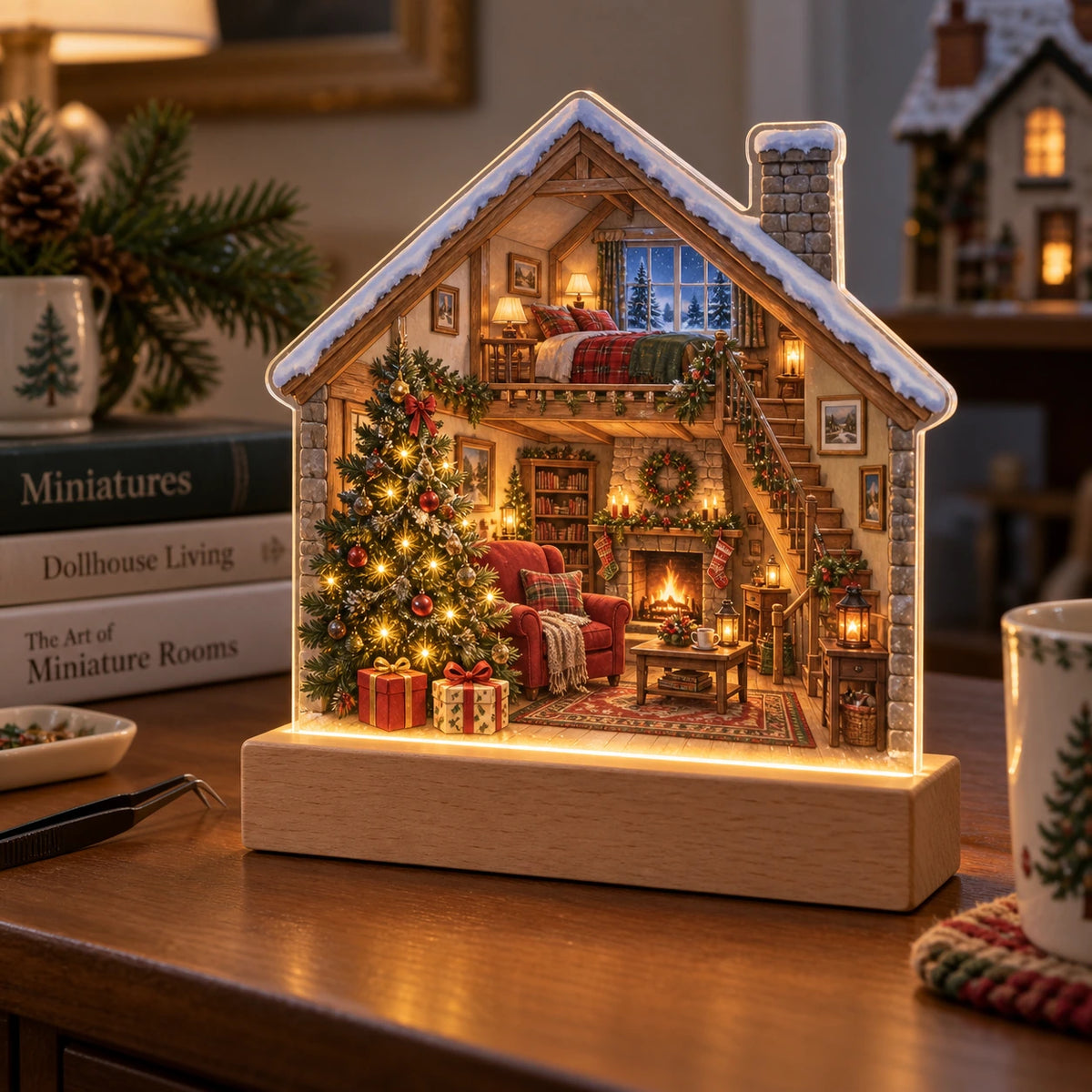 Christmas Dollhouse Acrylic Night Light with layered printed depth and niche-specific Christmas background