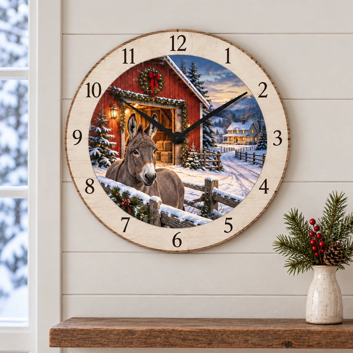 Christmas Donkey Barn Wooden Wall Clock with layered printed depth and niche-specific Christmas background