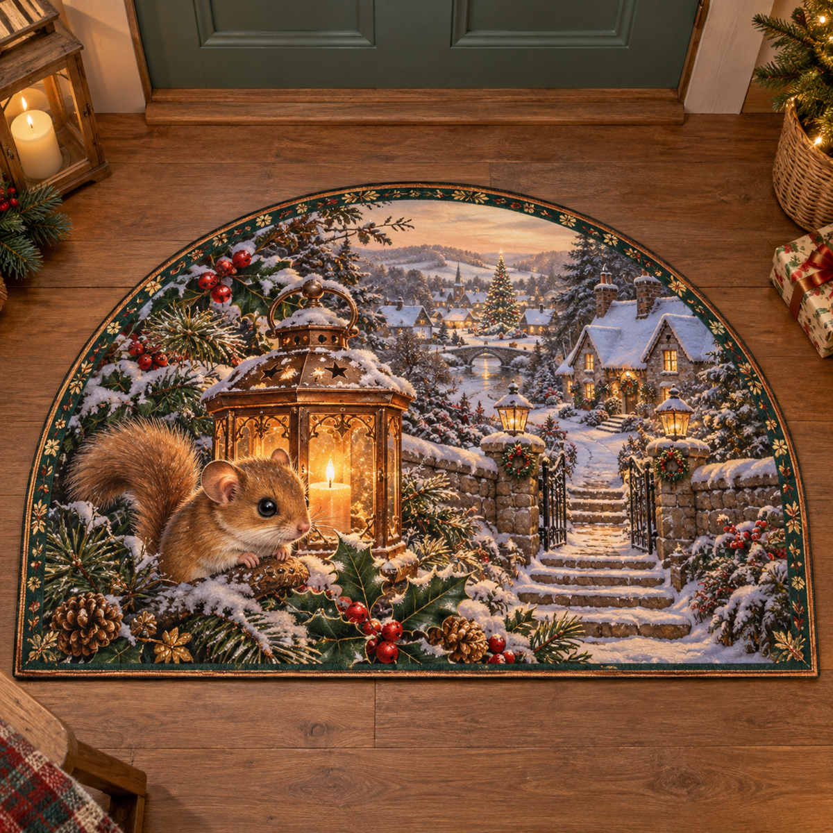 Christmas Dormouse Holly Lantern Gate Semicircle Mat flat printed mat in matching Christmas setting