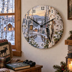 Christmas Downy Woodpecker Wooden Wall Clock with layered printed depth and niche-specific Christmas background
