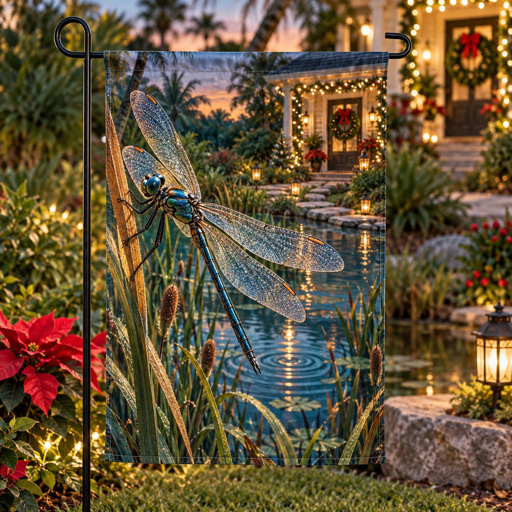 Christmas Dragonfly Garden Flag with layered printed depth and niche-specific Christmas background