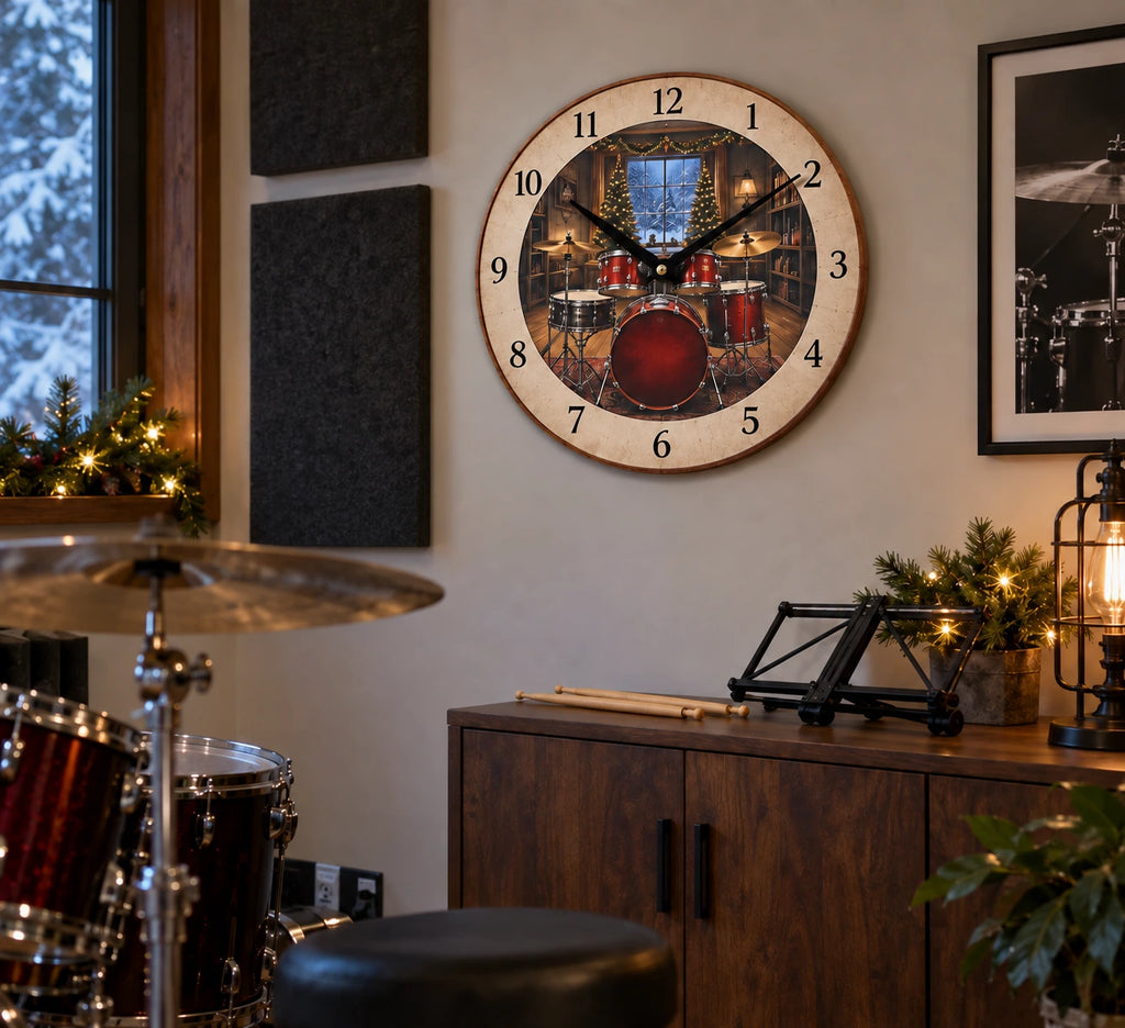 Christmas Drum Studio Wooden Wall Clock with layered printed depth and niche-specific Christmas background
