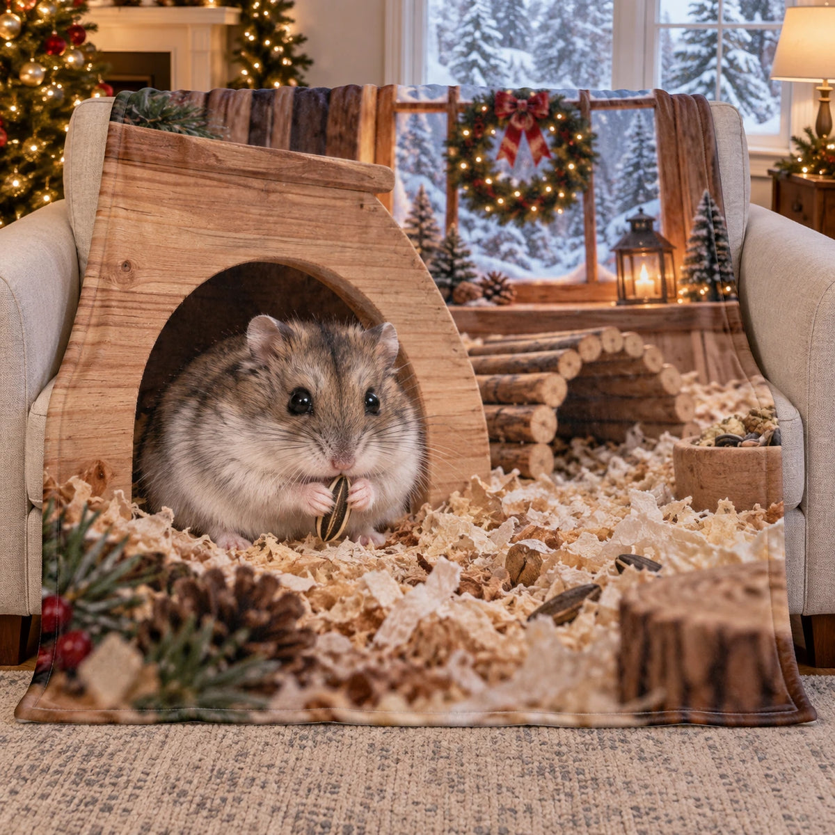 Christmas Dwarf Hamster Fleece Throw Blanket with layered printed depth and niche-specific Christmas background
