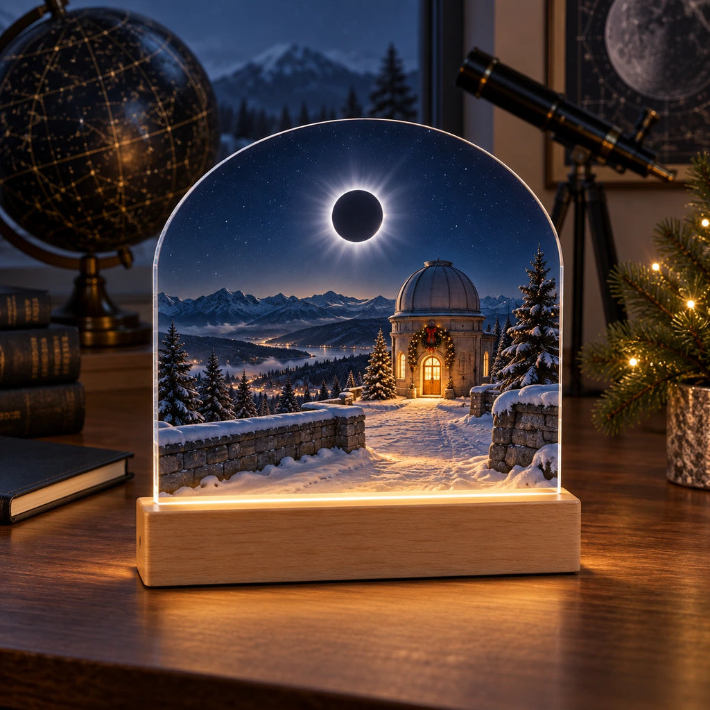 Christmas Eclipse Acrylic Night Light with layered printed depth and niche-specific Christmas background