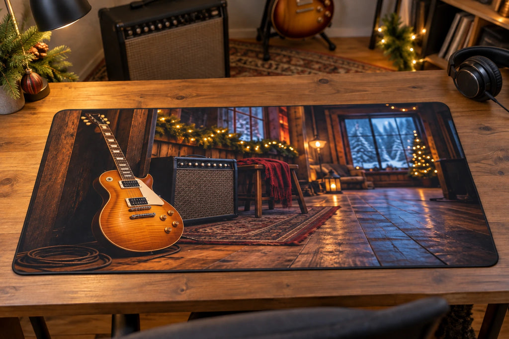 Christmas Electric Guitar Studio Desk Mat with layered printed depth and niche-specific Christmas background