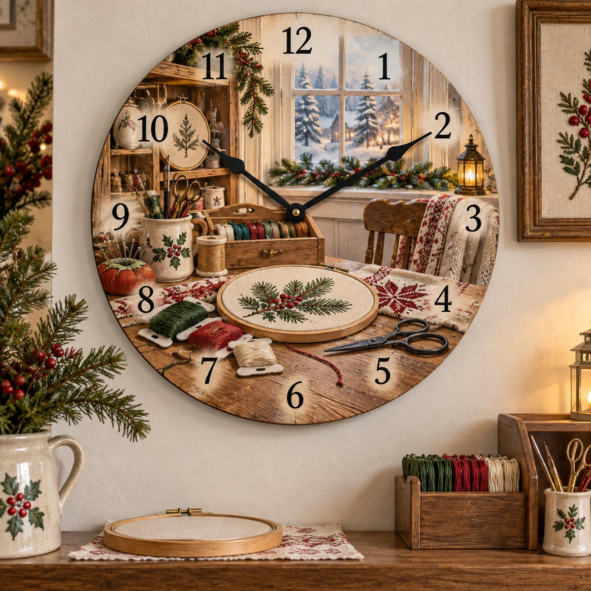Christmas Embroidery Studio Wooden Wall Clock with layered printed depth and niche-specific Christmas background