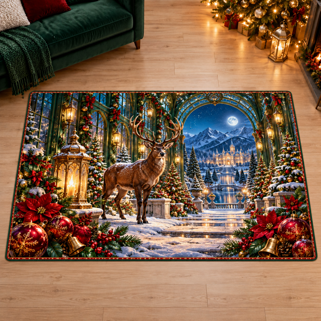 Brown stag and golden lantern in an emerald Christmas atrium printed on a flat rectangular area rug, shown in a matching dry winter living room
