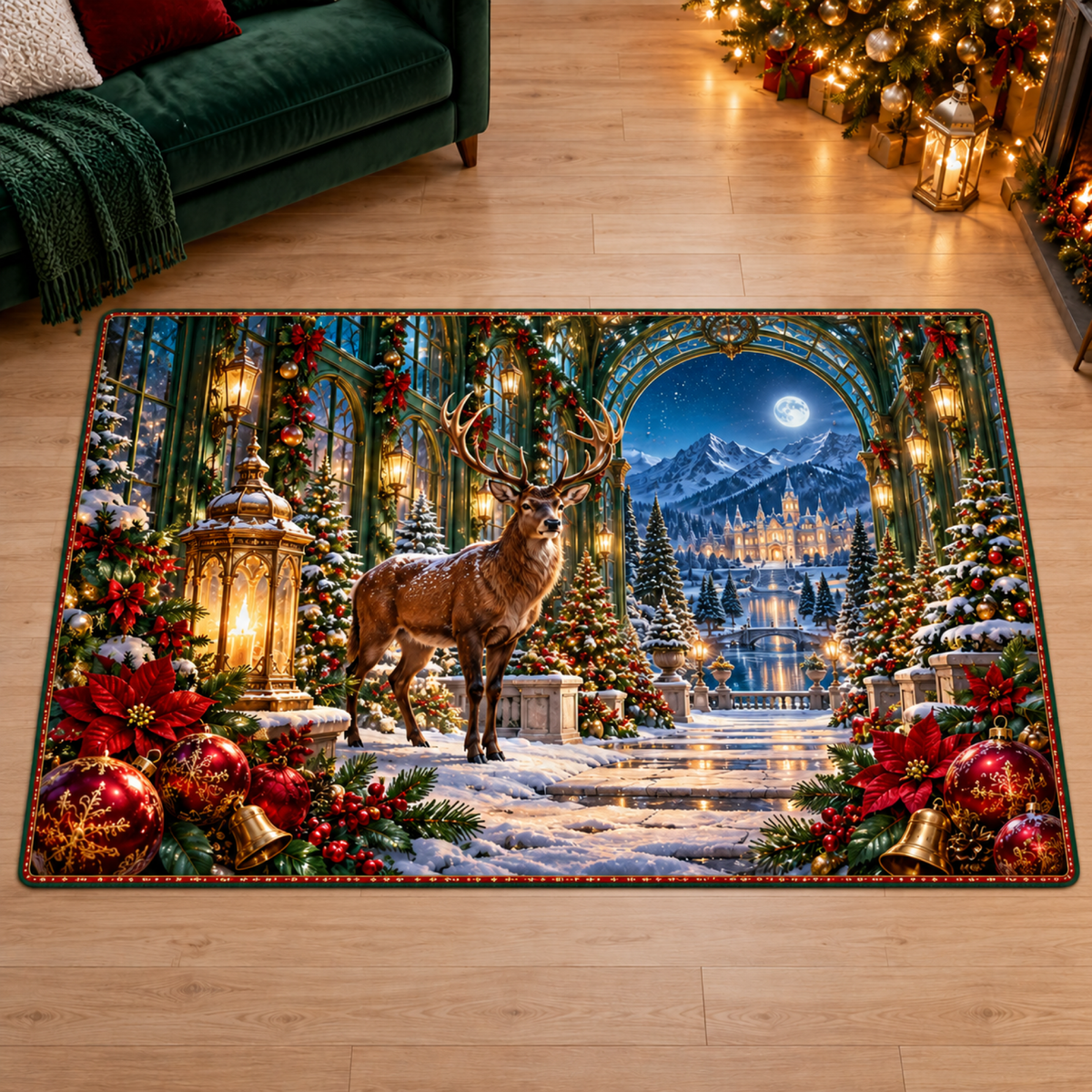 Brown stag and golden lantern in an emerald Christmas atrium printed on a flat rectangular area rug, shown in a matching dry winter living room