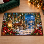 Brown stag and golden lantern in an emerald Christmas atrium printed on a flat rectangular area rug, shown in a matching dry winter living room