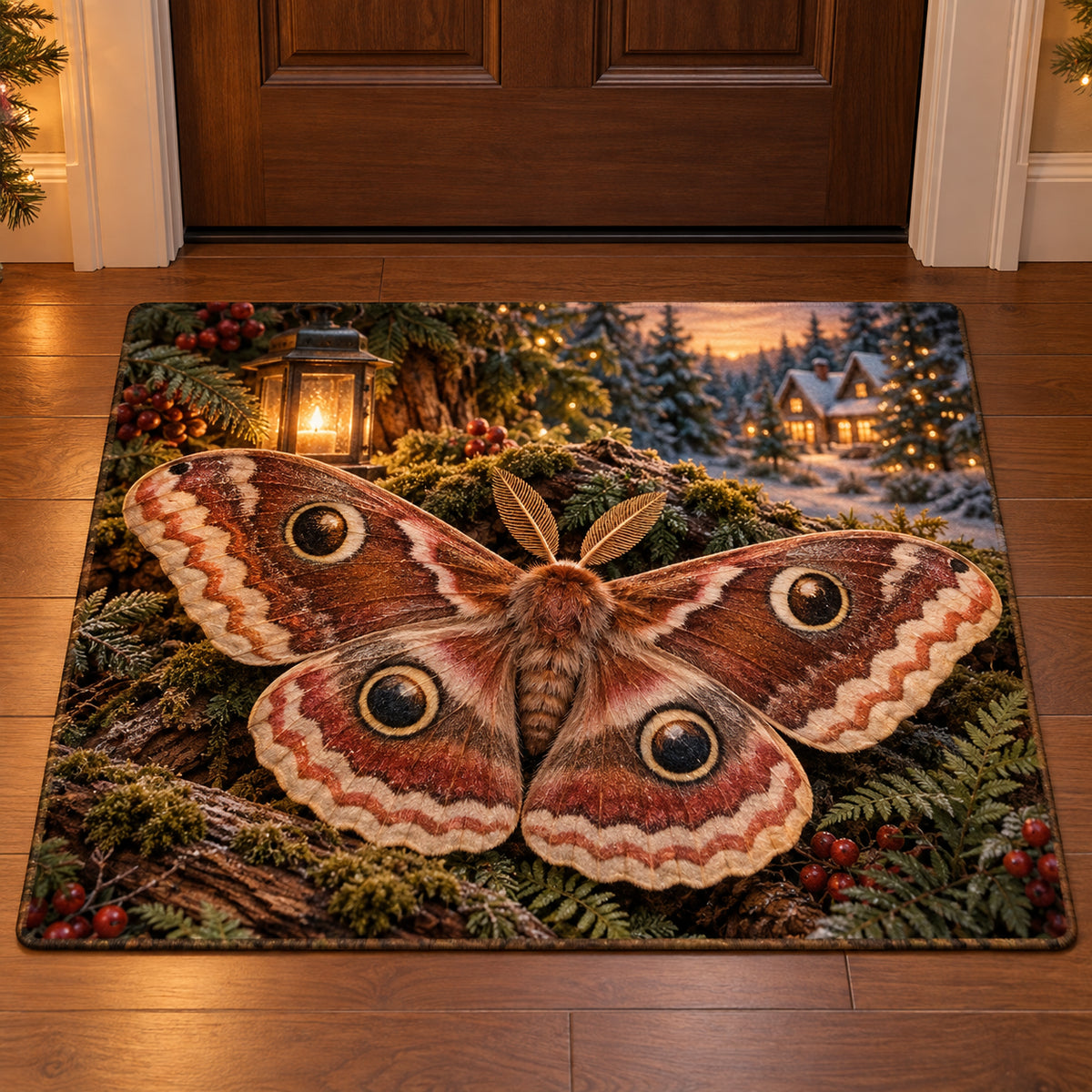 Christmas Emperor Moth Leaf Refuge Doormat flat printed mat in matching Christmas setting