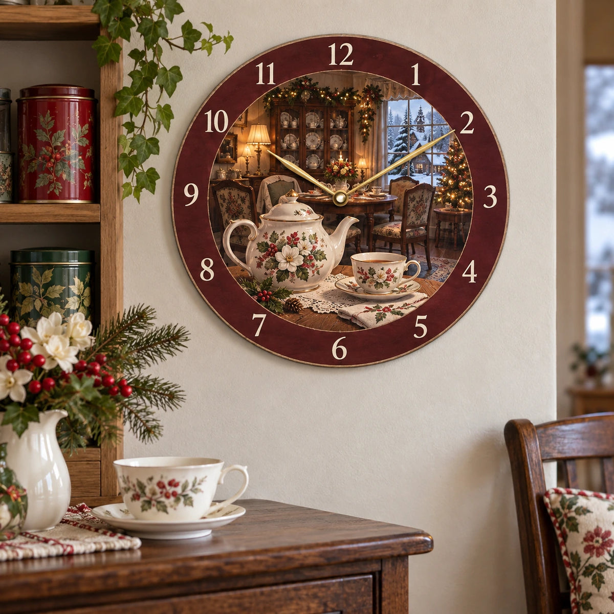 Christmas English Tea Room Wooden Wall Clock with layered printed depth and niche-specific Christmas background