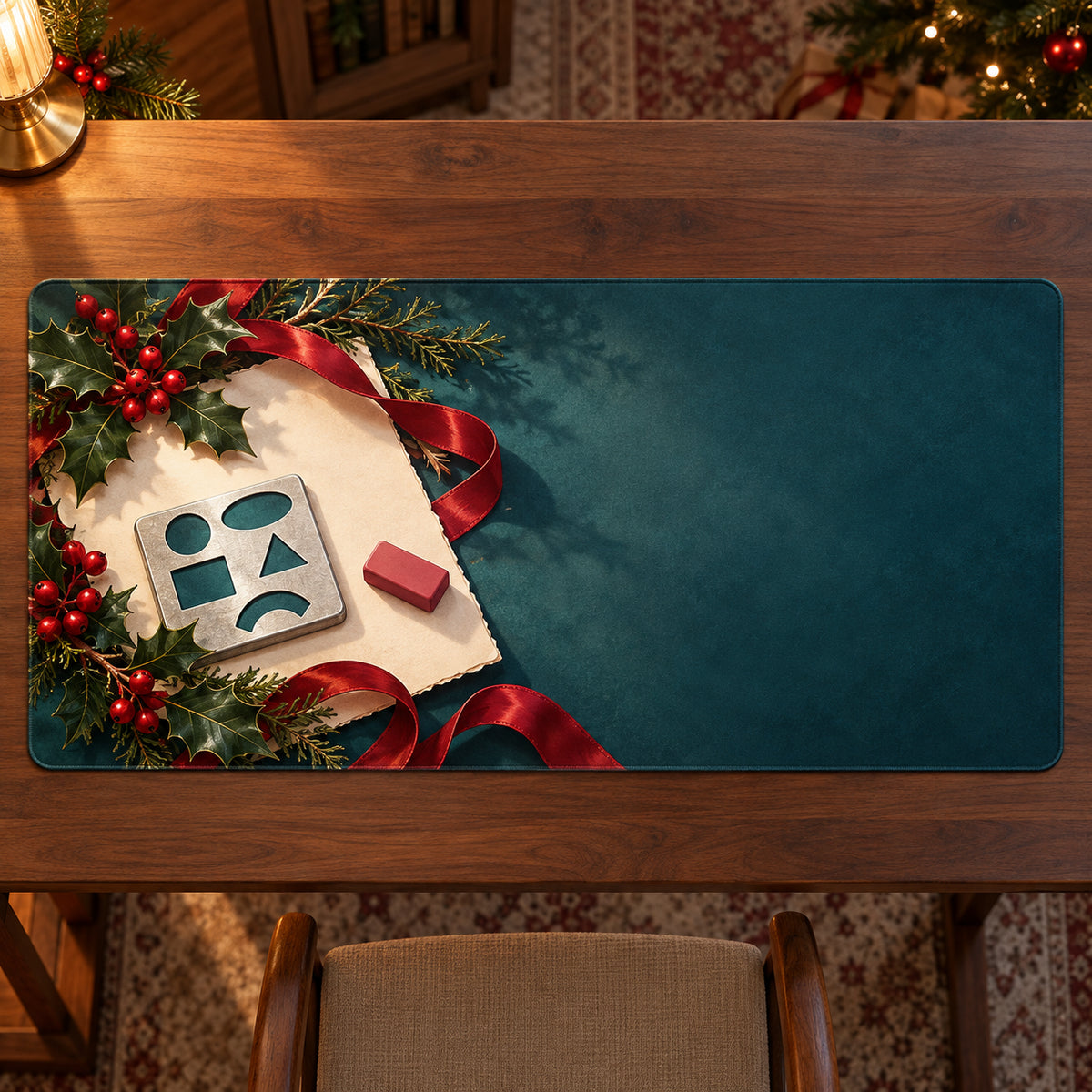 Christmas Eraser Shield Family Art Desk Mat flat printed mat in matching Christmas setting