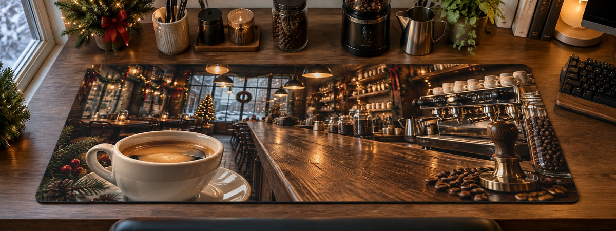 Christmas Espresso Bar Desk Mat with layered printed depth and niche-specific Christmas background