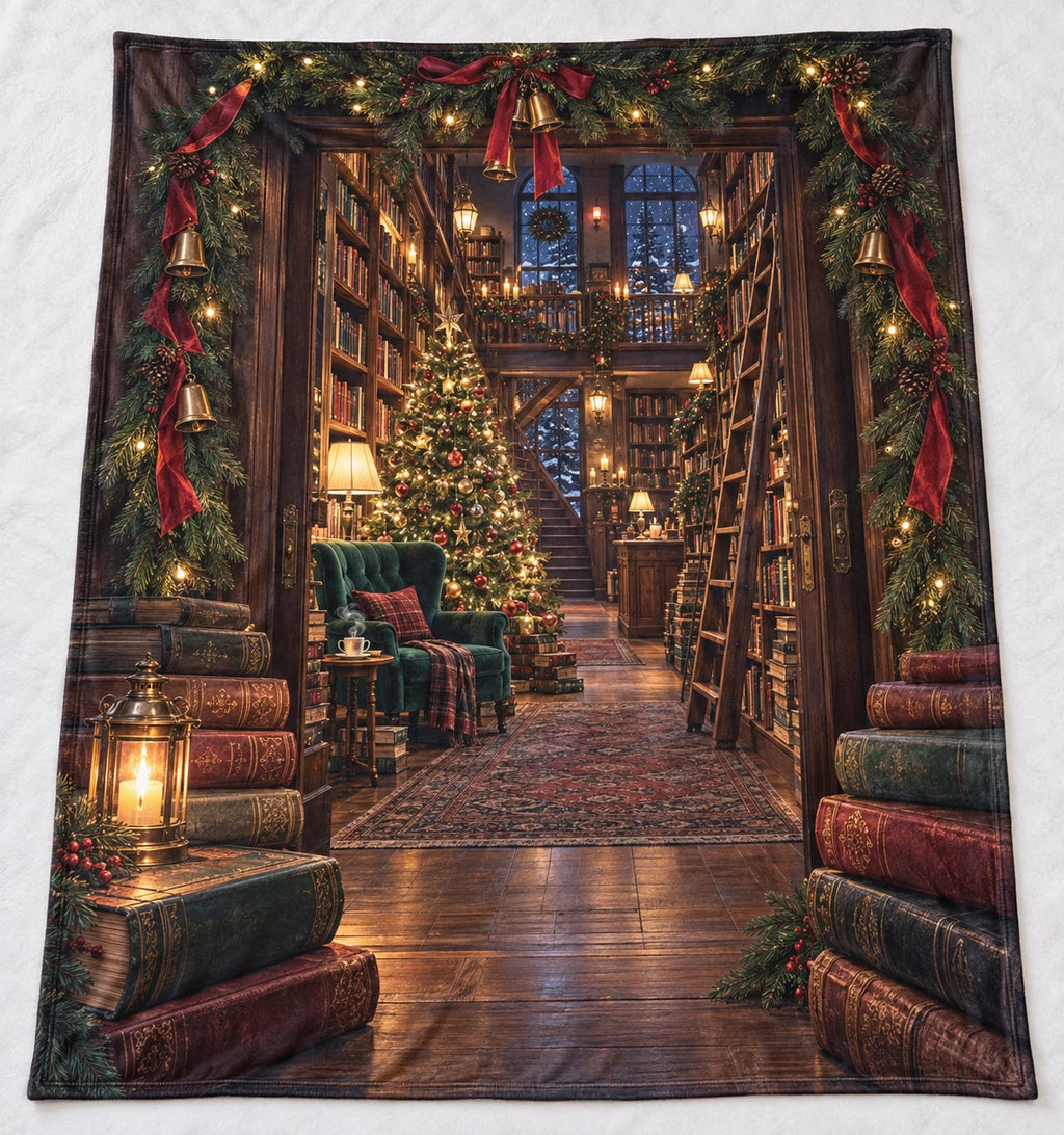 Christmas Eve Bookshop Fleece Throw Blanket with an illustrated foreground doorway and deep niche-specific Christmas interior