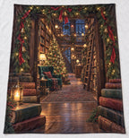 Christmas Eve Bookshop Fleece Throw Blanket with an illustrated foreground doorway and deep niche-specific Christmas interior