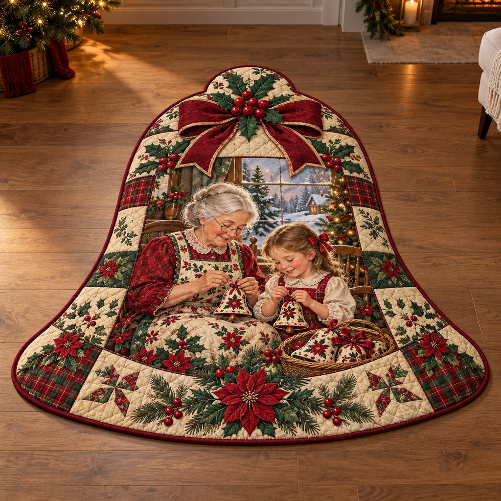 Christmas Fabric Bell Family Love Custom Shape Area Rug flat printed mat in matching Christmas setting